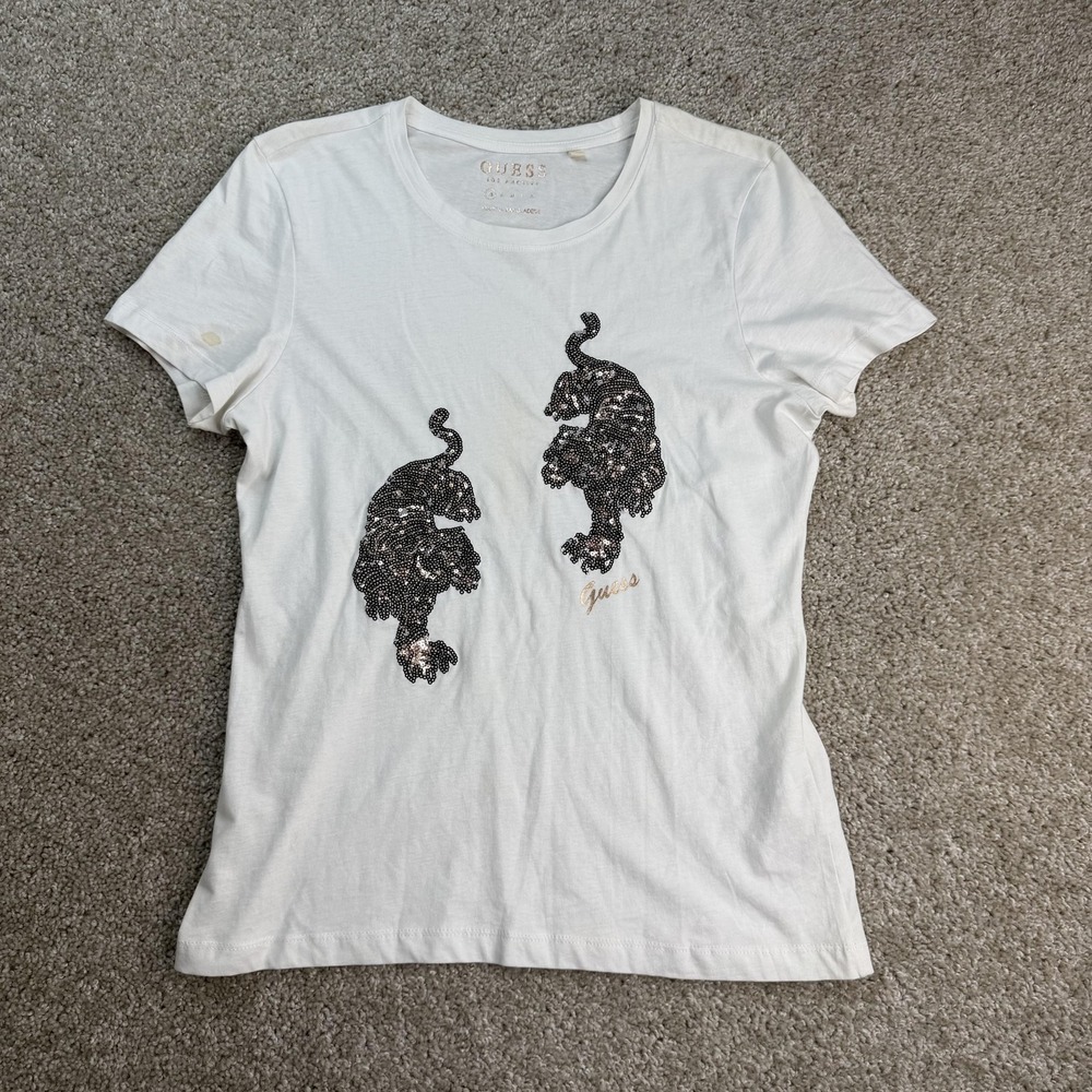 GUESS Shirt Womens XS White Sequin Leopard Animal Graphic Crew Neck Tee Top